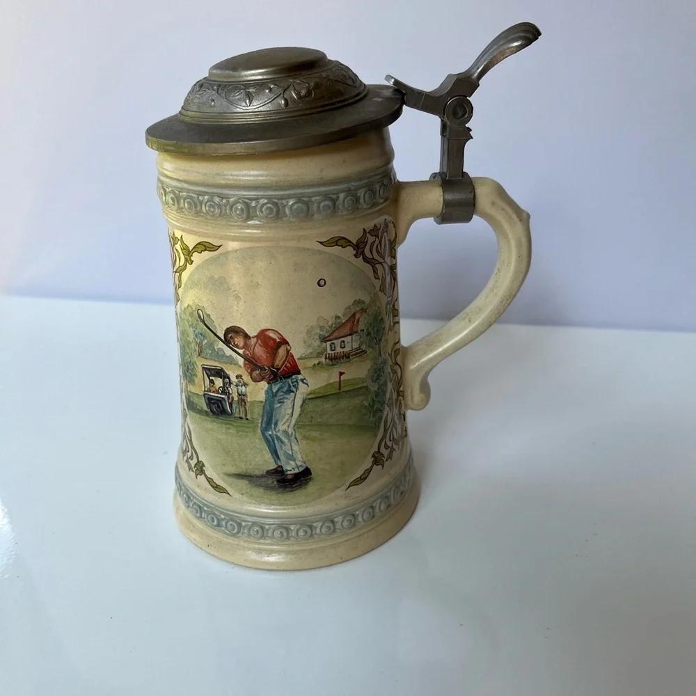 Vintage Ceramic German Beer Stein with Golf Scene and Pewter lid
